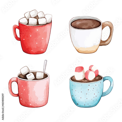 Watercolor Cups of Hot Chocolate with Marshmallows Dotted Mugs