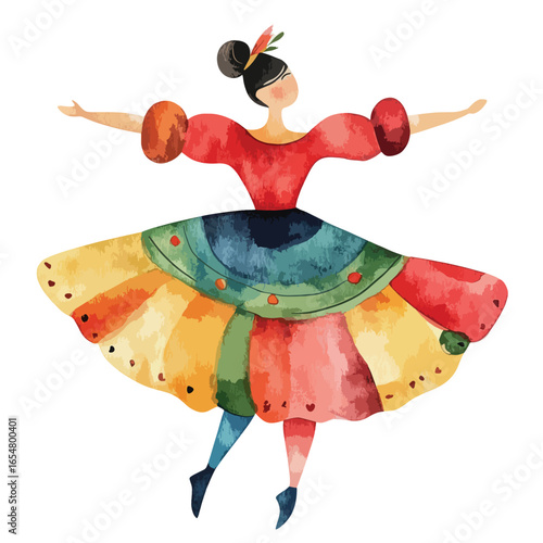 Watercolor Dancer in a Colorful Dress with Arms Outstretched and Upward Gaze