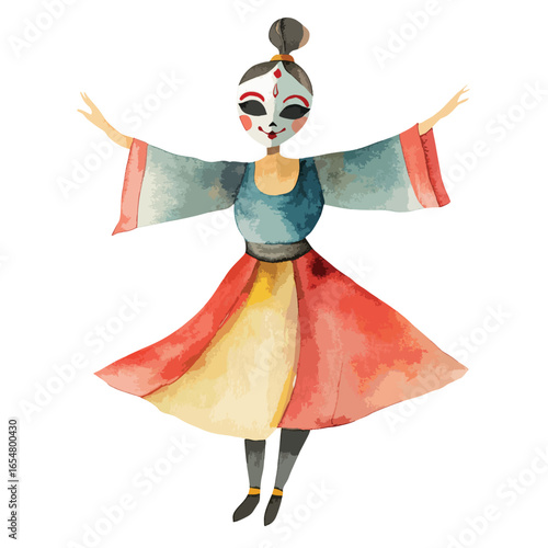 Watercolor Dancer with Mask and Flowing Dress in MidAir Pose