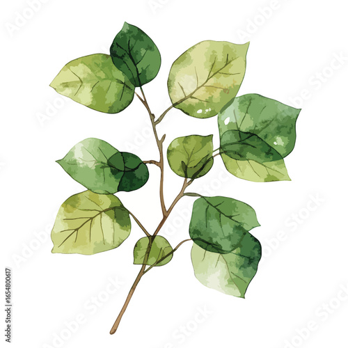 Watercolor depiction of a leafy branch with overlapping green and yellow leaves