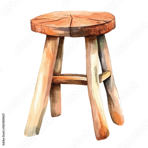 Watercolor depiction of a rustic wooden stool with three sturdy legs