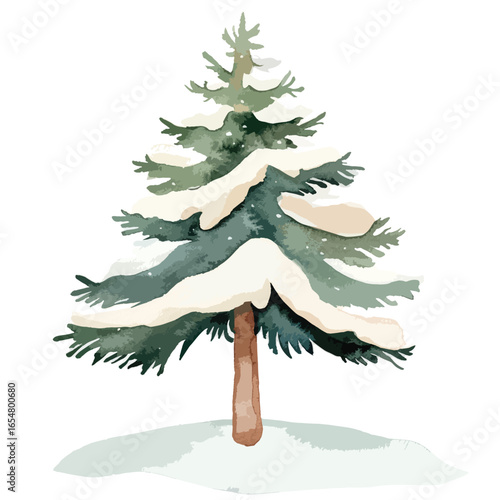 Watercolor depiction of a snowladen evergreen tree with a brown trunk