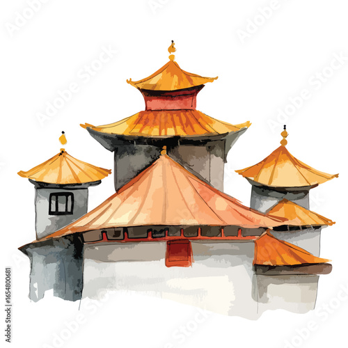 Watercolor depiction of a multitiered Asianstyle building with orange roofs