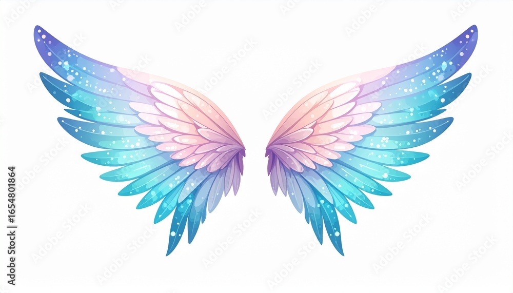 Obraz premium A pair of vibrant, multicolored angel wings with speckled feathers, set against a plain white background, evokes a sense of magic and fantasy.