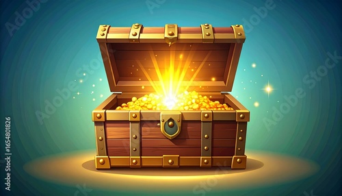 An open treasure chest bursts with golden riches, illuminating the scene with radiant light and sparkling details.