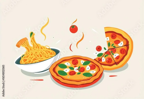 Abstract bright retro Italian food vector posters featuring noodles & pizza, flat style wall decor prints,  art,  food
