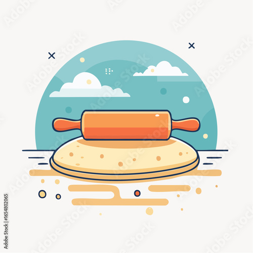 Simple Illustration Of Dough Being Rolled With Rolling Pin