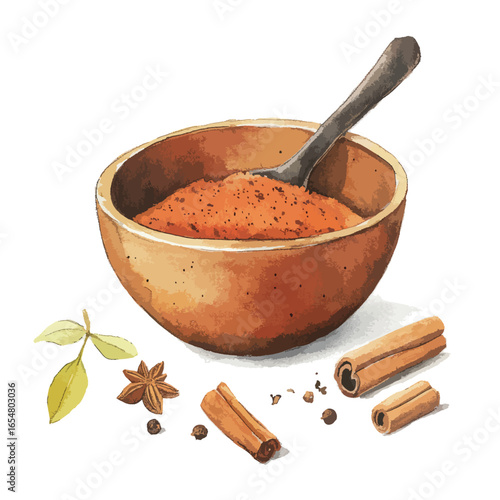 Watercolor depiction of spices including cinnamon star anise and bay leaves