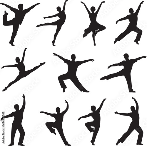 Twelve black silhouette figures of male and female ballet dancers in various poses vector illustration
