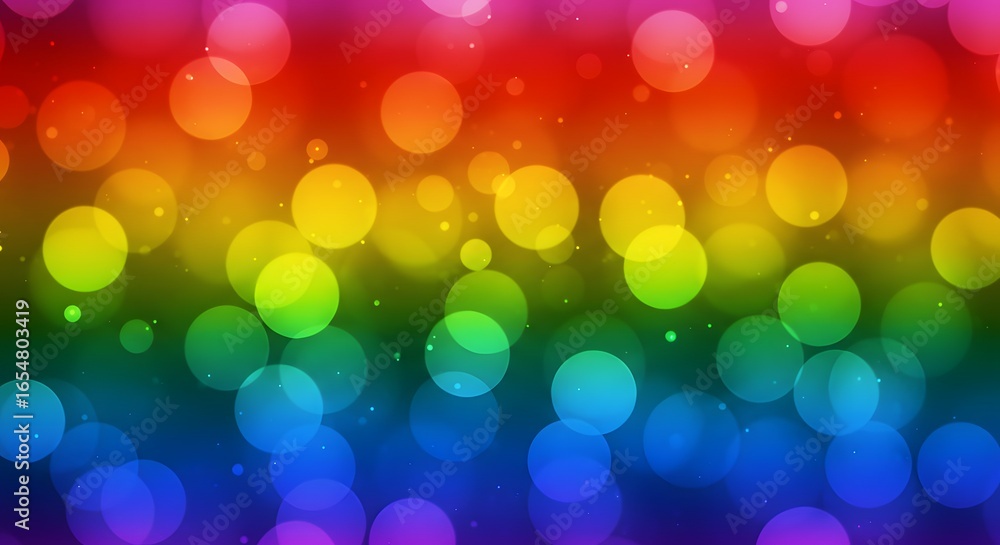 Fototapeta premium A vibrant rainbow gradient background with bokeh effect and sparkling light particles scattered around it