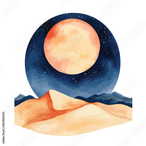 Watercolor Desert Landscape with a Glowing Moon and Starry Night Sky