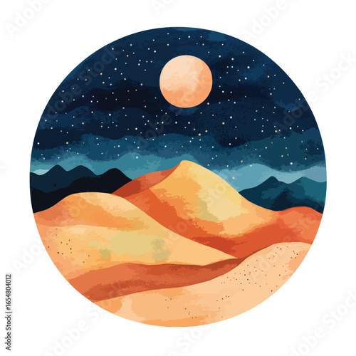 Watercolor Desert Landscape with Moon and Starry Night Sky
