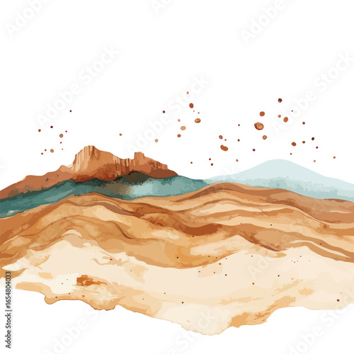 Watercolor Desert Landscape with Ochre Dunes and Teal River Valley