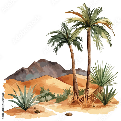 Watercolor Desert Landscape with Palm Trees Agave and Distant Mountains