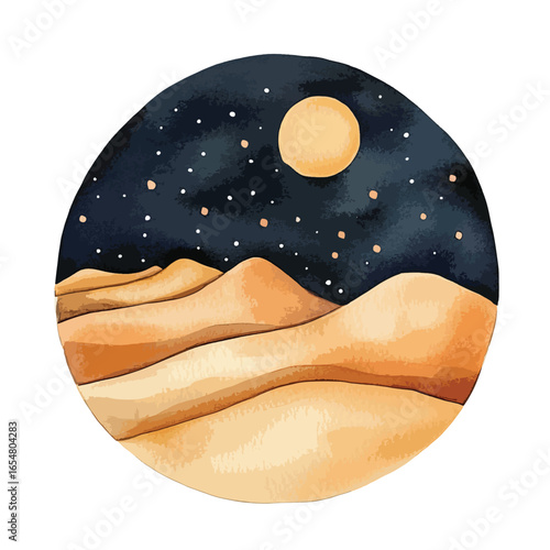 Watercolor Desert Landscape with Starry Night and Full Moon in Circle
