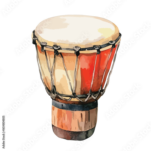 Watercolor Djembe Drum Depicting Traditional Musical Instrument with Detailed Texture