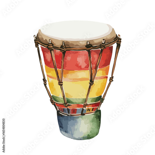 Watercolor Djembe Drum with Colorful Stripes and Wooden Supports