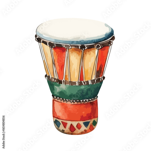 Watercolor Djembe Drum with Red Orange and Green Tones and Geometric Base