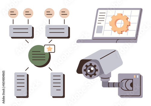 Security camera, workflow diagram indicating data processes, and laptop with gear icon. Ideal for cybersecurity, surveillance, data analysis, technology, process management, system integration