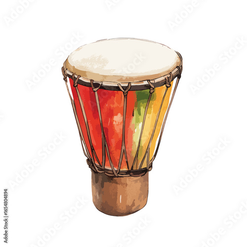 Watercolor Djembe Drum with Vibrant Red Yellow and Green Body