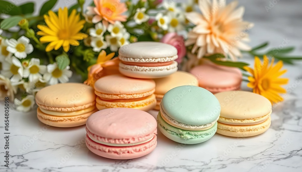 Fototapeta premium Pastel-colored macarons arranged on a marble surface, with fresh flowers, pretty, candy