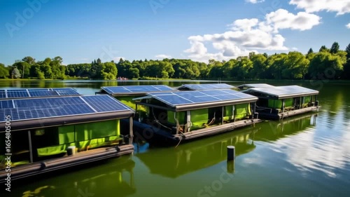 Floating Solar Panel Homes on Lake: Sustainable Energy Concept