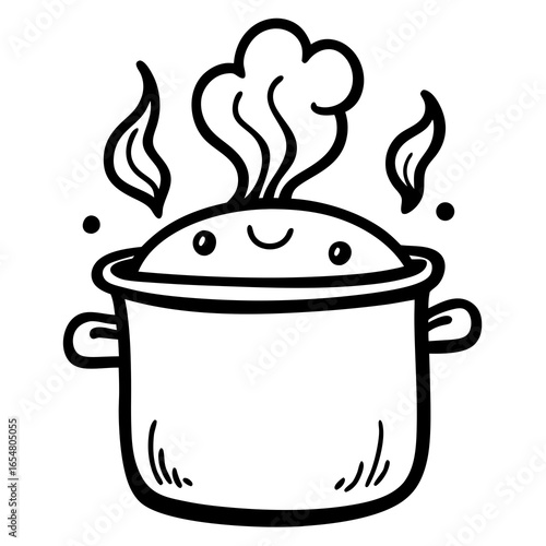 Cheerful cartoon cooking pot with happy face, steam rising, inviting warmth and deliciousness, perfect for food blogs and culinary projects