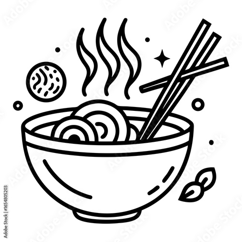 Delicious steaming bowl of noodles with chopsticks ready to eat, perfect for restaurant menus, food blogs, and culinary branding, a simple, elegant design