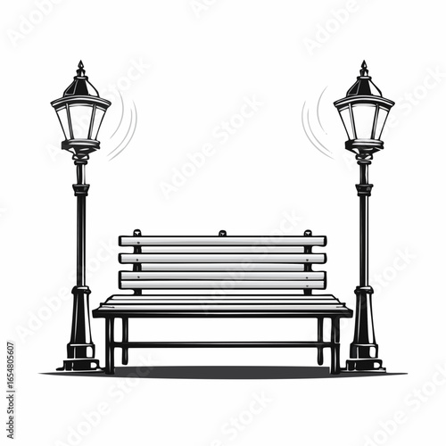 Wooden Park Bench with Street Lamps image vector isolated on a white background