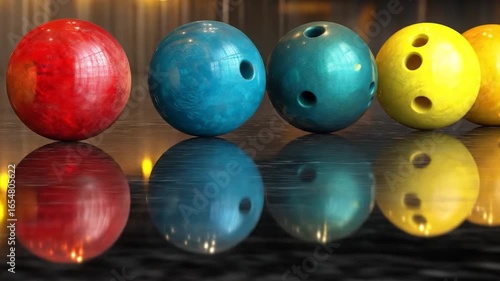Colorful Bowling Balls' Reflection: a dynamic shot of multicolored bowling balls, arranged in a row, reflecting in a dark shiny surface, presenting the perfect visual harmony and appeal to the eye.