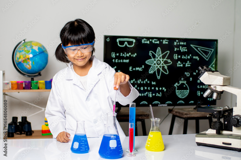 custom made wallpaper toronto digitalBudding Scientist's Laboratory Exploration: A curious young student in a lab coat and goggles experiments with colorful liquids in beakers.