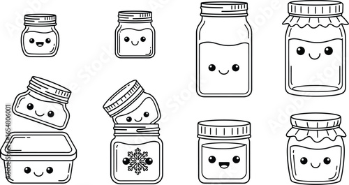 Cute cartoon food jars with smiling faces, perfect for designs and crafts