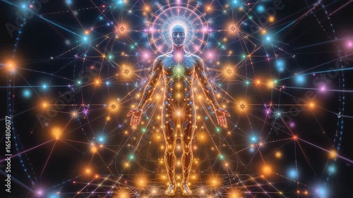 Human figure surrounded by colorful energy waves and chakras.