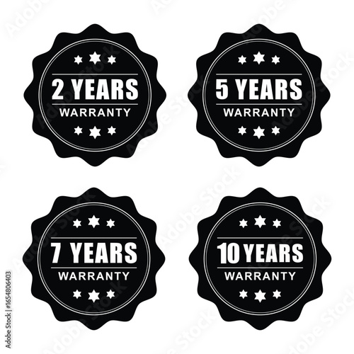 Vector art of set of four warranty badges with different durations 2, 5, 7, and 10 years, isolated on white background