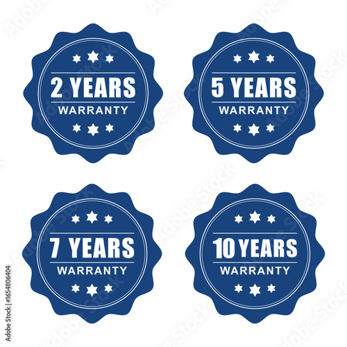 Vector art of collection of blue warranty seals with different durations 2, 5, 7, and 10 years, isolated on white background