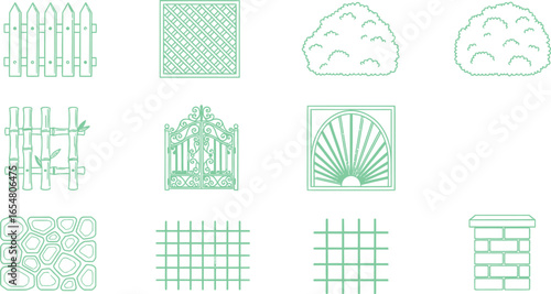 Garden and landscape elements in line art illustrations for design projects
