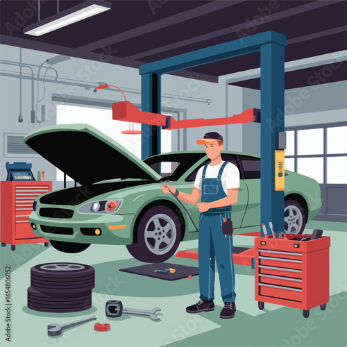 A mechanic in overalls standing in an auto repair shop next to a green car with the hood open on a lift