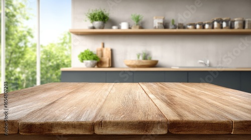Light brown wooden table top in a modern kitchen.