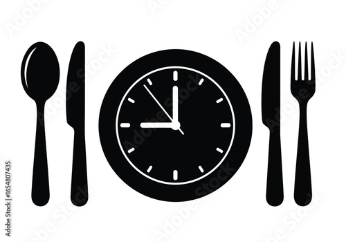 Clock with cutlery and plate indicating mealtime isolated on white background