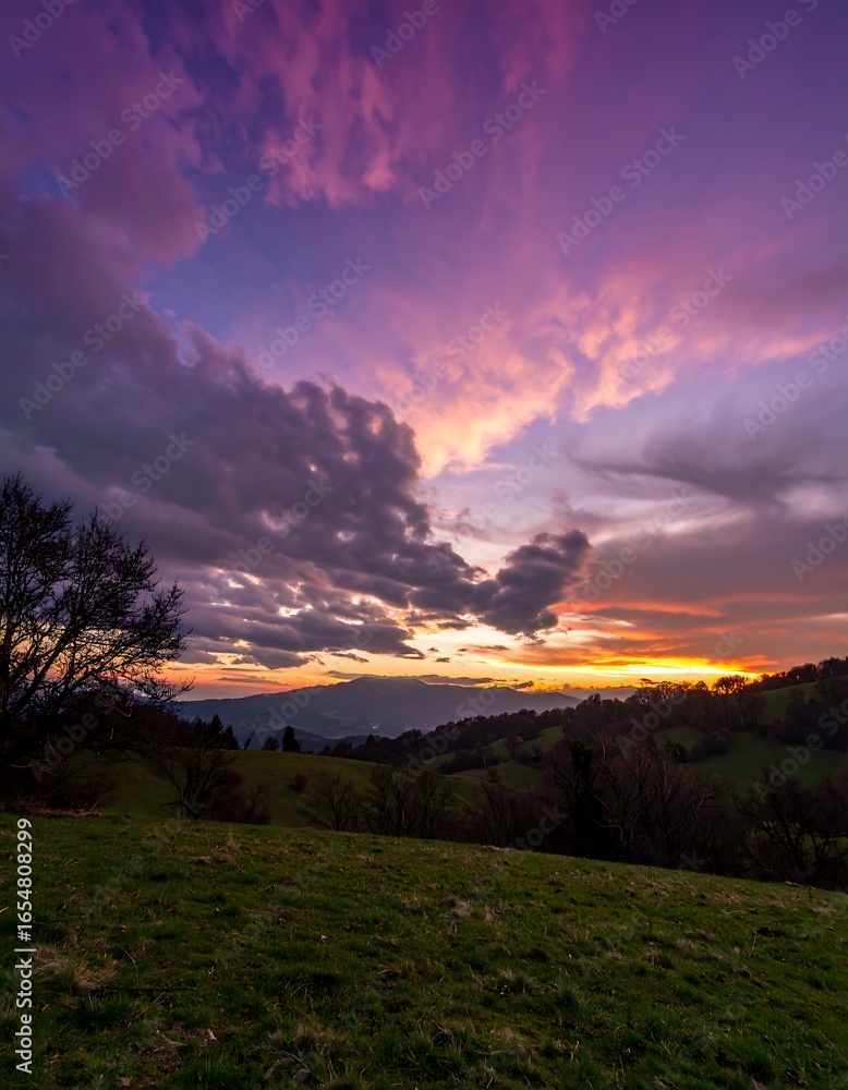 Obraz premium Vibrant sunset over hills