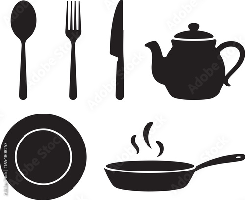 Set of five black silhouette kitchenware and food icons on white background spoon fork