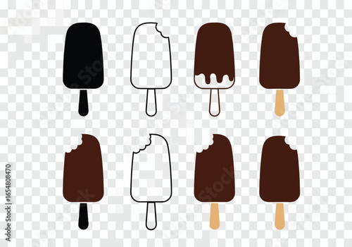 Collection of ice cream bars with chocolate and vanilla flavors, some with bites taken out