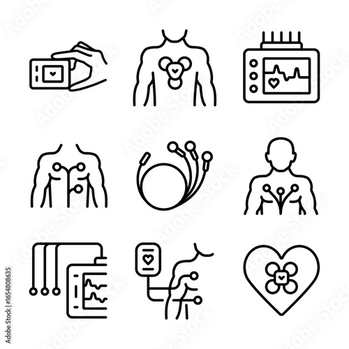 Holter Monitor Outline Icons Set. Portable ECG Monitoring. Dynamic ECG System. Digital Heart Rate Analyzer and Recorder. Medical symbols isolated on white background.