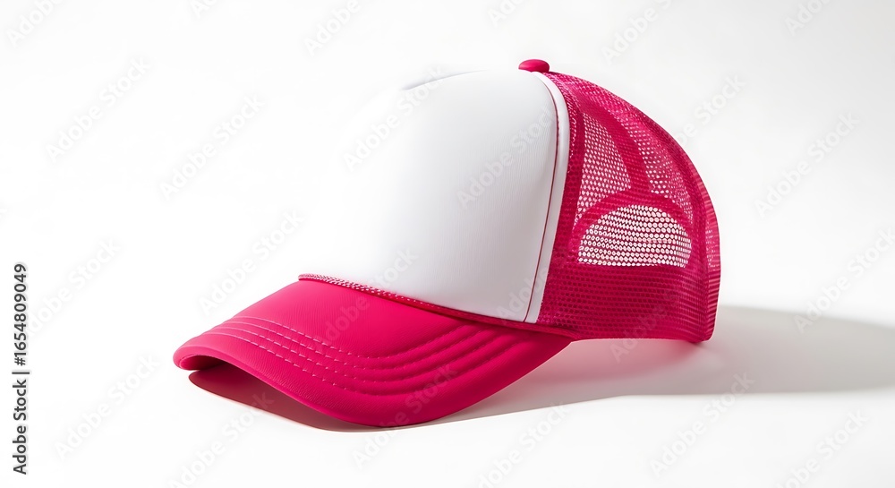 Fototapeta premium Pink and White Trucker Hat on White Background