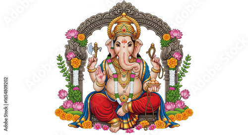 Wallpaper Mural Colorful illustration of Hindu deity with elephant head, adorned in traditional attire, sitting on lotus with ornate arch, holding symbolic objects, surrounded by flowers, radiating calmness Torontodigital.ca