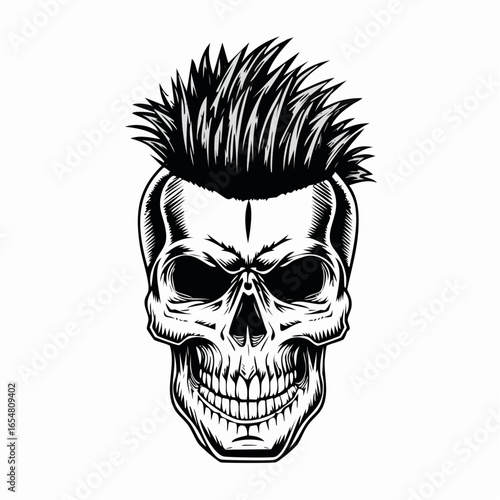 Skull with mohawk and spiked hair in a retro style image vector isolated on white background.