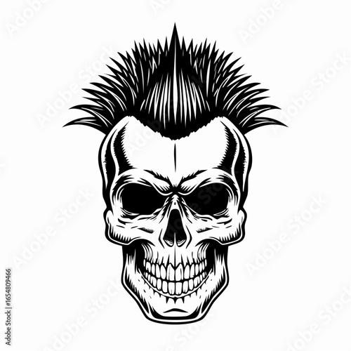 Skull with mohawk and spiked hair in a retro style image vector isolated on white background.