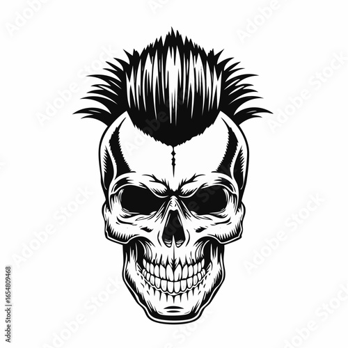 Skull with mohawk and spiked hair in a retro style image vector isolated on white background.