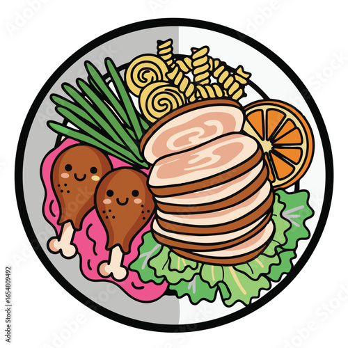 Delicious cartoon platter featuring meat chicken orange pasta and greens illustration for food related designs and culinary projects with vector art style