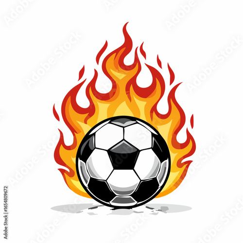 Soccer ball on fire flames Monochrome vector illustration om white background.